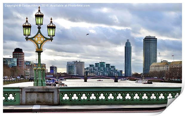 A London Scene - Westminster Bridge empty and skyl Print by Carlos Alkmin