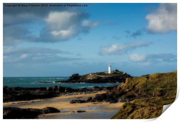  Godrevy Lighthouse and Beach Print by Mary Fletcher