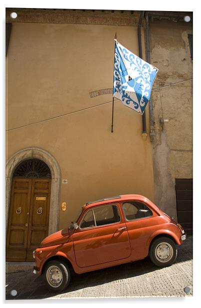 Old Fiat parked in steep street on a hill in Italy Acrylic by Ian Middleton