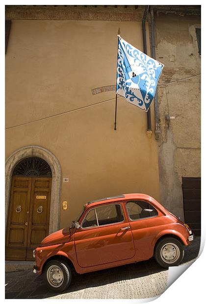 Old Fiat parked in steep street on a hill in Italy Print by Ian Middleton