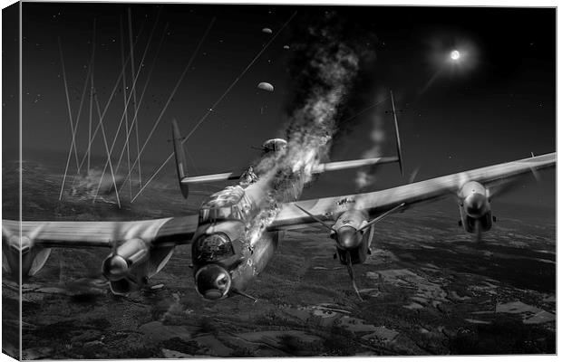 Escape at Mailly, Lancaster LL743 B&W version Canvas Print by Gary Eason