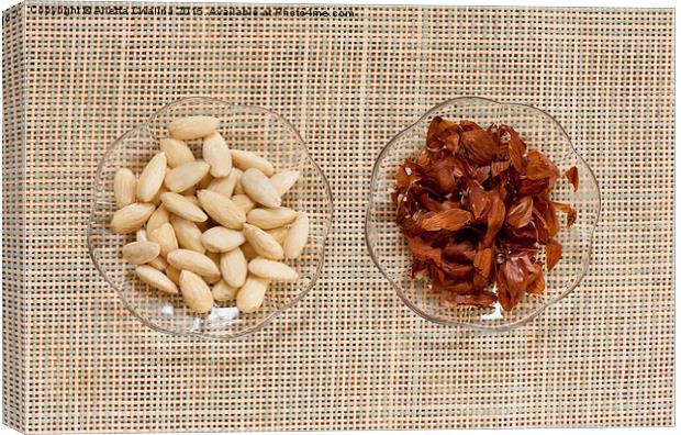 Blanched almonds and skins Canvas Print by Arletta Cwalina