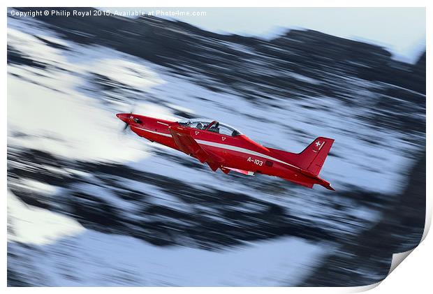 Red Rush in the Snow - Axalp Swiss AF PC21 Display Print by Philip Royal