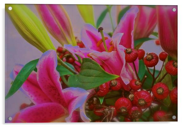 Flower arrangement with stargazer Lilies  Acrylic by Sue Bottomley