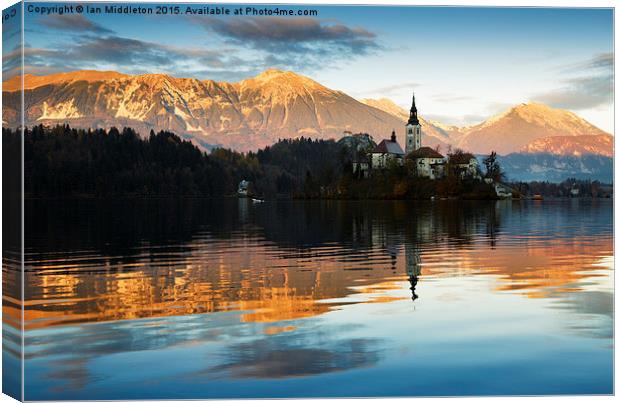 Sunset over Lake Bled Canvas Print by Ian Middleton