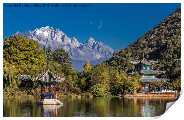 Black Dragon Lake Pagodas - Lijiang, China Print by colin chalkley