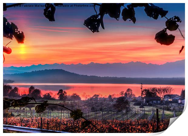  Red sunset over lake Viverone Print by Fabrizio Malisan