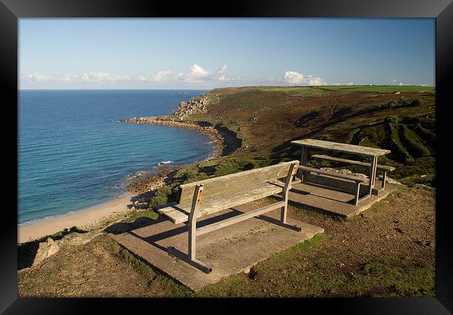 A sunny day at Whitesand Bay, Sennen, Cornwall Framed Print by Simon Armstrong