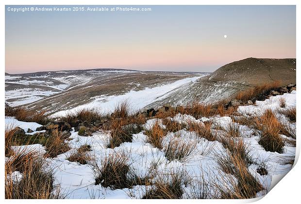  Moon rising above snowy moors Print by Andrew Kearton