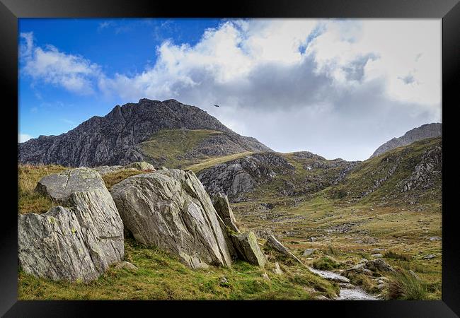 Snowdonia national park Rescue helicopter. Framed Print by chris smith