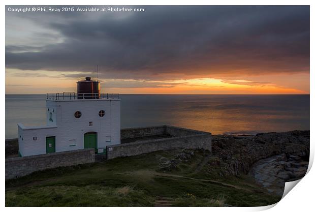 Sunrise at Bamburgh lighthouse Print by Phil Reay