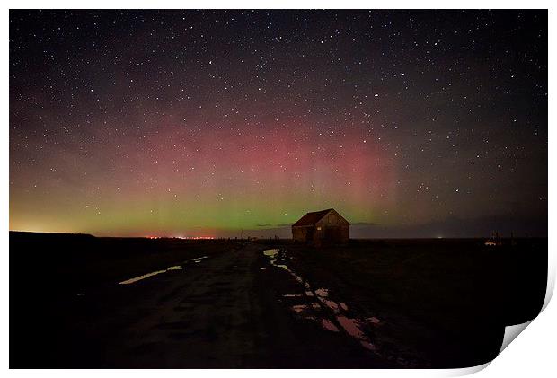 The Northern lights over the old coal barn at Thor Print by Gary Pearson