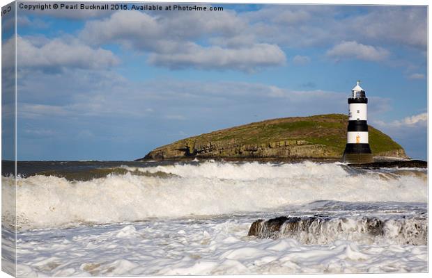 Penmon Lighthouse in Rough Seas off Anglesey Canvas Print by Pearl Bucknall