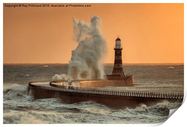 Big Wave at Roker Lighthouse Print by Ray Pritchard