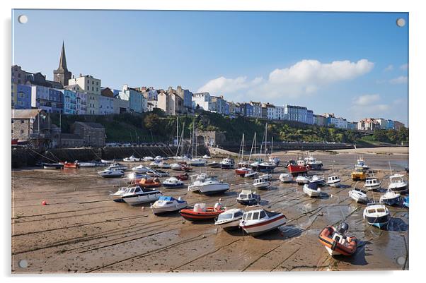 Boats in Tenby Harbour at low tide. Wales, UK. Acrylic by Liam Grant