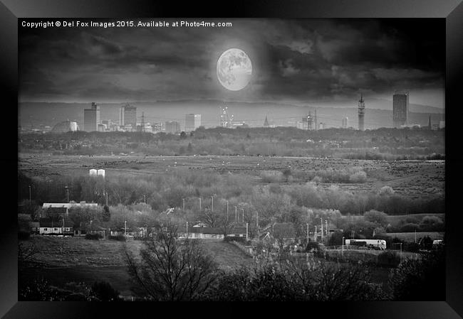 manchester city and moon Framed Print by Derrick Fox Lomax