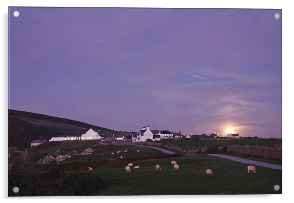 Moon rising behind Rhossili. Wales, UK. Acrylic by Liam Grant