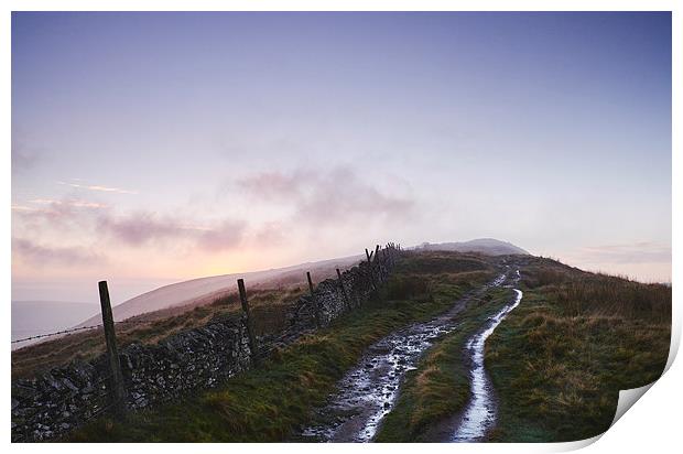 Mountain path and fence at sunset. Derbyshire, UK. Print by Liam Grant