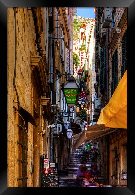 Cafe in a Dubrovnik Alley Framed Print by Tom Gomez