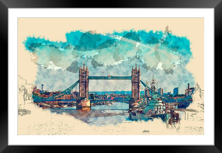 Tower Bridge London Watercolor And Sketch (Digital Framed Mounted Print by Tanya Hall