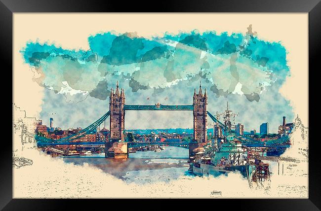 Tower Bridge London Watercolor And Sketch (Digital Framed Print by Tanya Hall