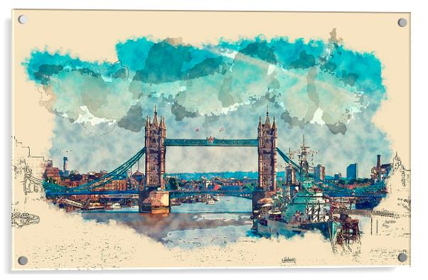 Tower Bridge London Watercolor And Sketch (Digital Acrylic by Tanya Hall