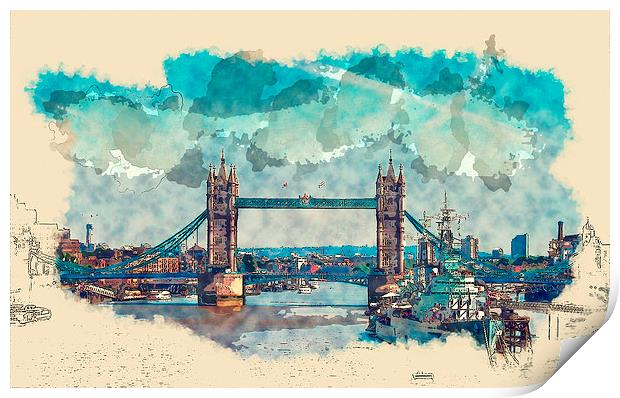 Tower Bridge London Watercolor And Sketch (Digital Print by Tanya Hall