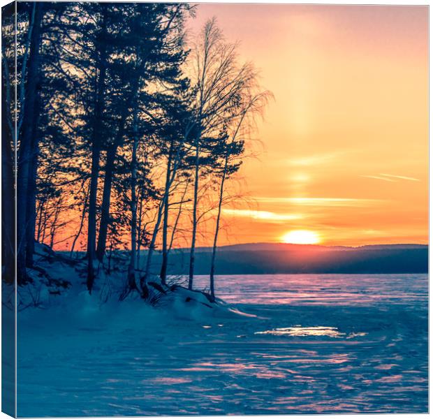  Winter sunset on the forest lake Canvas Print by Svetlana Korneliuk