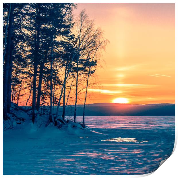  Winter sunset on the forest lake Print by Svetlana Korneliuk