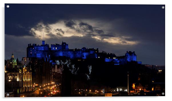  Edinburgh Castle at night. Acrylic by Tommy Dickson