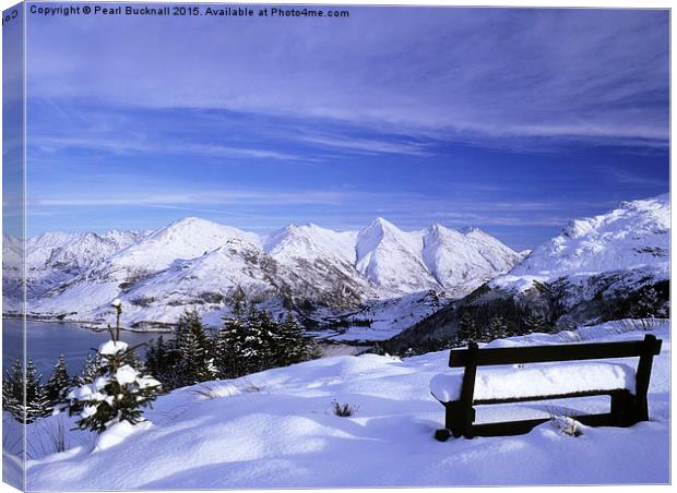 Bench looking to Five Sisters of Kintail in Snow Canvas Print by Pearl Bucknall