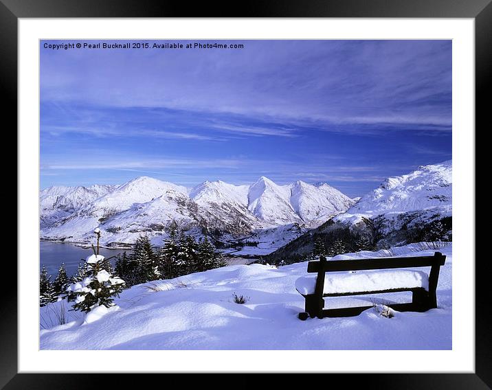 Bench looking to Five Sisters of Kintail in Snow Framed Mounted Print by Pearl Bucknall