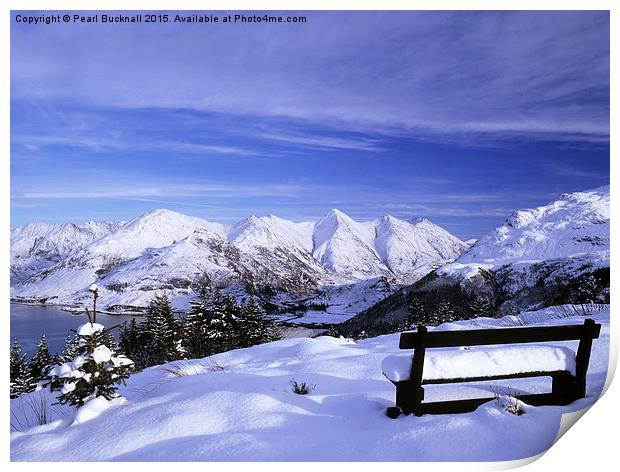 Bench looking to Five Sisters of Kintail in Snow Print by Pearl Bucknall