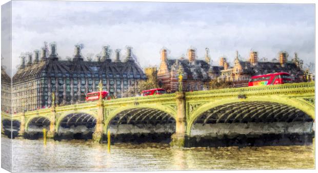 Westminster Bridge and London Buses Art Canvas Print by David Pyatt