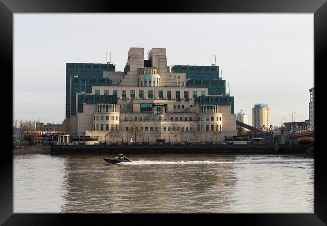 SIS Secret Service Building London And Rib Boat Framed Print by David Pyatt
