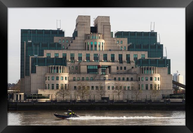 SIS Secret Service Building London And Rib Boat Framed Print by David Pyatt