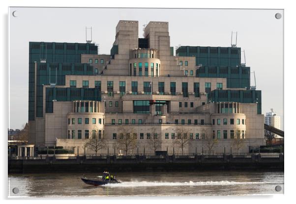 SIS Secret Service Building London And Rib Boat Acrylic by David Pyatt