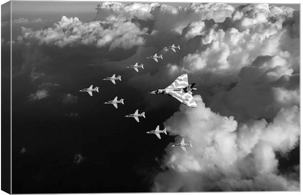 Red Arrows and Vulcan above clouds, B&W version Canvas Print by Gary Eason