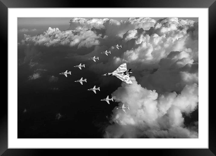 Red Arrows and Vulcan above clouds, B&W version Framed Mounted Print by Gary Eason