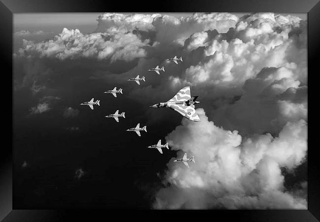 Red Arrows and Vulcan above clouds, B&W version Framed Print by Gary Eason