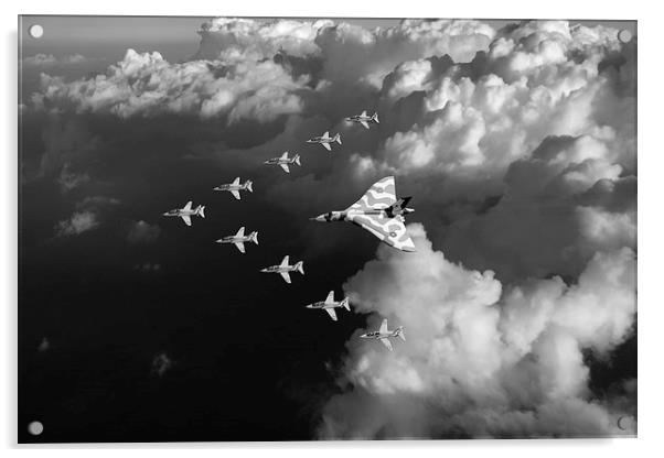 Red Arrows and Vulcan above clouds, B&W version Acrylic by Gary Eason
