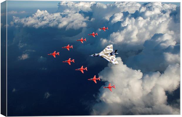 Red Arrows and Vulcan above clouds Canvas Print by Gary Eason