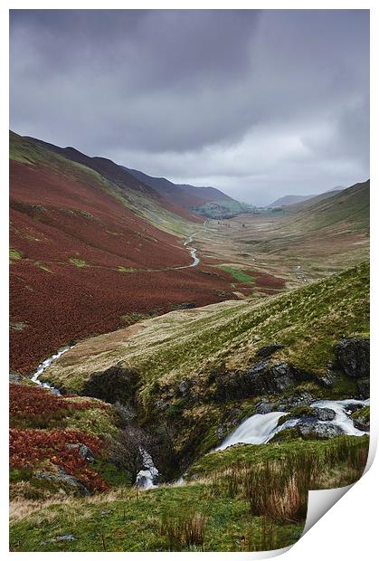 Moss Force waterfall and rain over Keskadale valle Print by Liam Grant