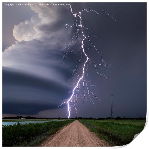  Huge lightning strike over Nebraska, USA.  Print by John Finney
