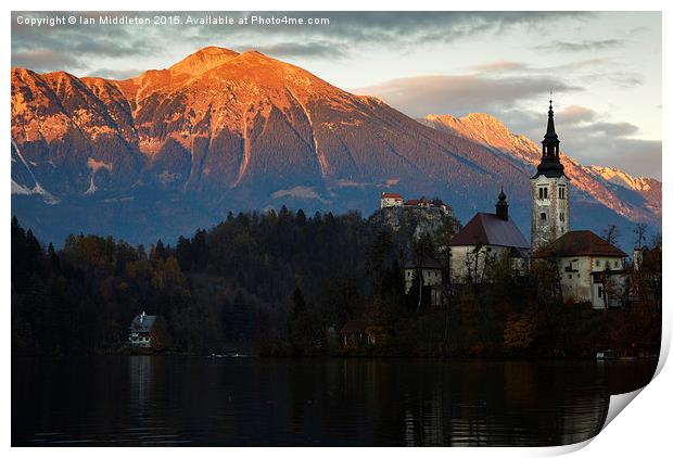 Sunset over Lake Bled Print by Ian Middleton