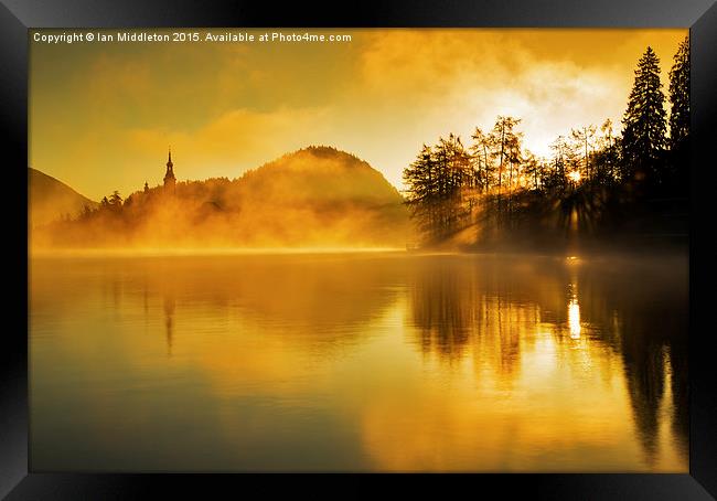 Misty sunrise at Lake Bled Framed Print by Ian Middleton