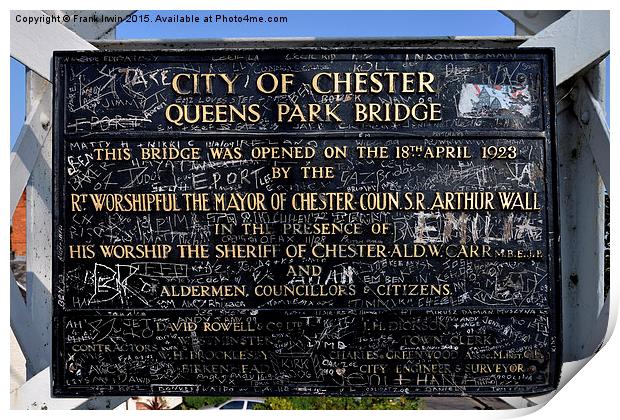 Notice board for Queens Park Bridge, Chester Print by Frank Irwin