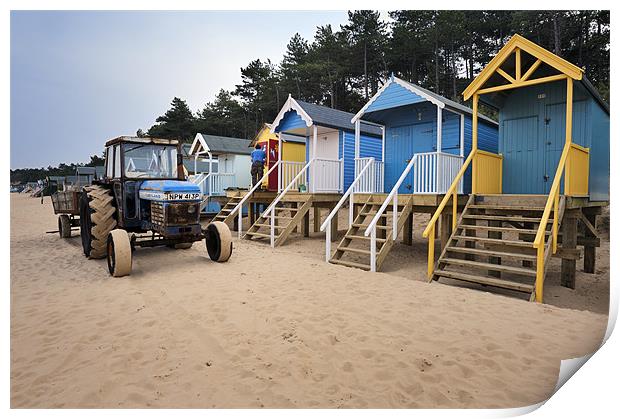 Tractor and Beach Huts Print by Stephen Mole