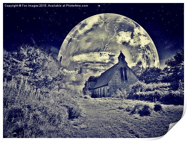  church and the moon Print by Derrick Fox Lomax