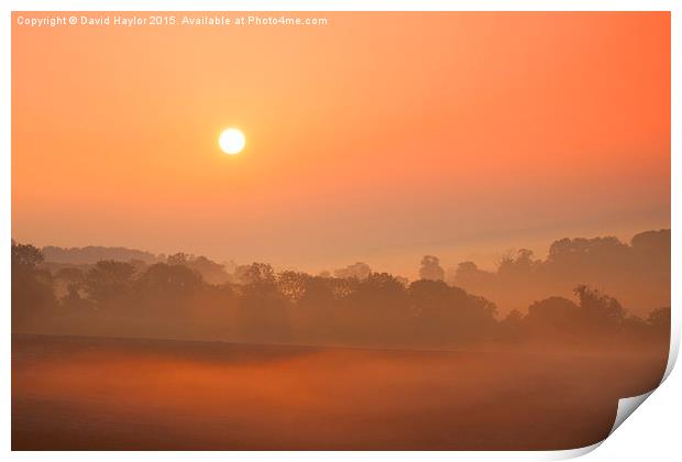  Sunrise and mist at Newland Corner Print by David Haylor